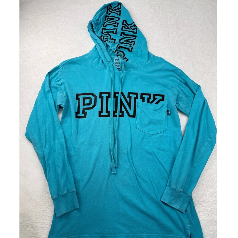 PINK Victoria's Secret Hoodie‎ Tee Women XS Turquoise Blue-Green Logo Graphic
